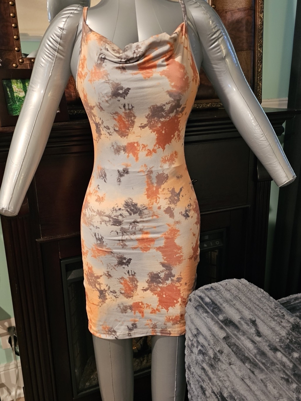 SHEIN Orange & Gray Cowl Neck Bodycon Mini Dress